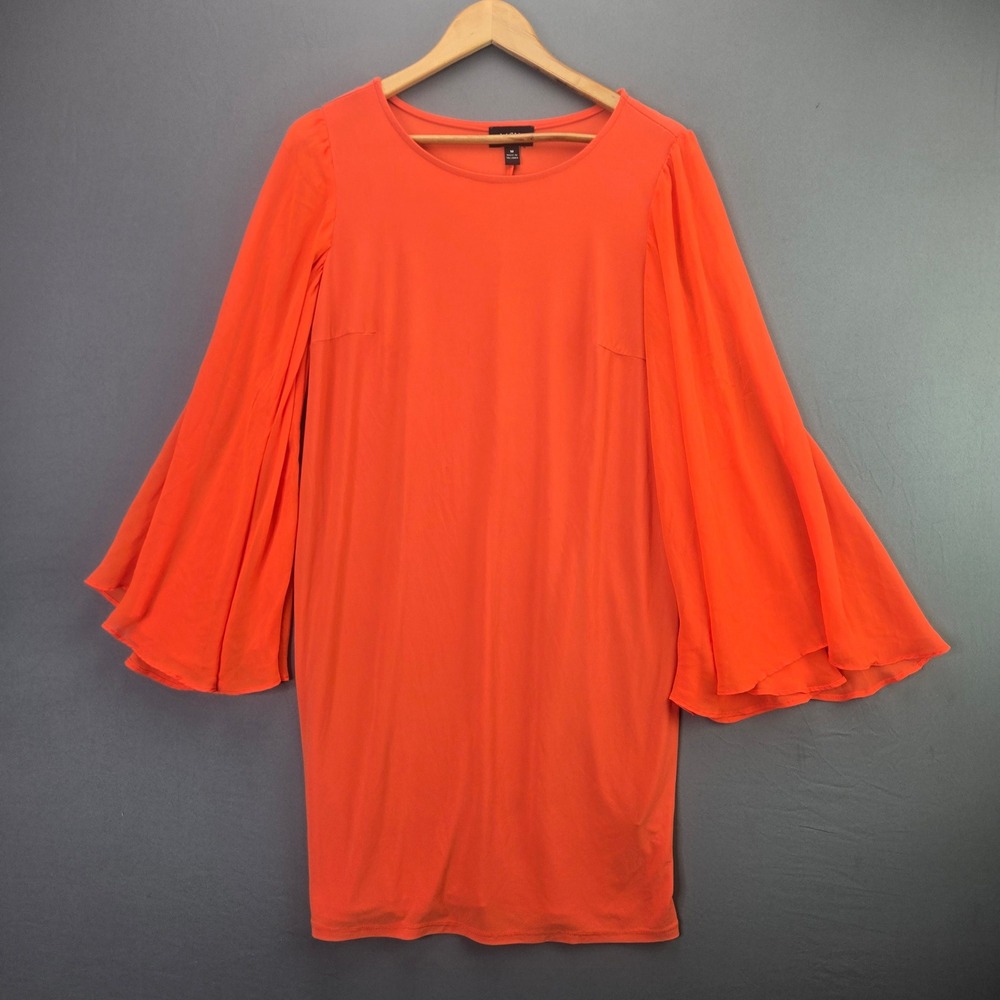MSK Dress Bell Sleeve Shift Mini M Orange Sheer Layered Chiffon Stretch Knit
